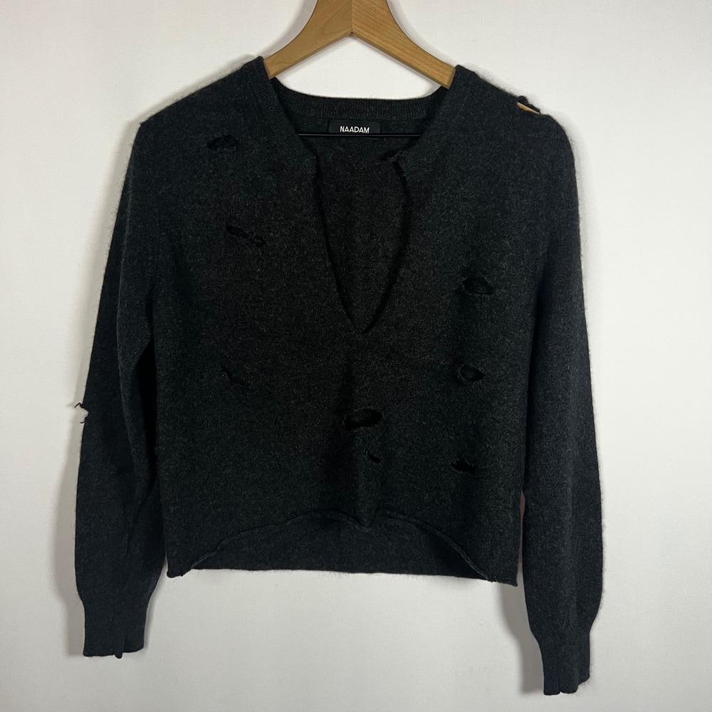 Naadam Sweater‎ Women Small Charcoal Gray Distressed V-Neck Long Sleeve Cashmere